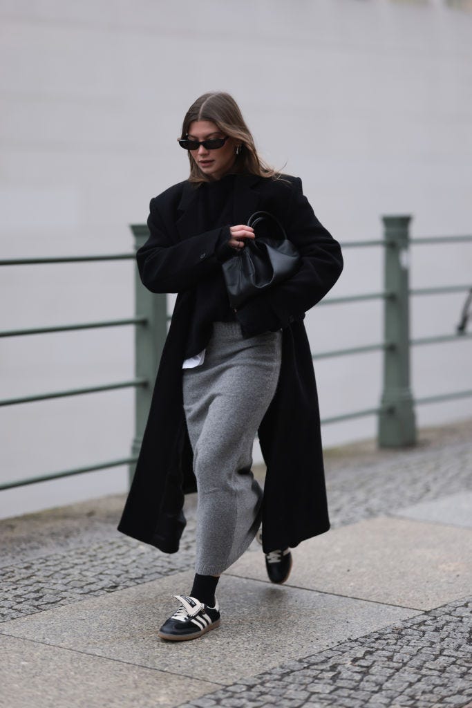 Grey Plaid Long Coat with Knit Sweater and Wide-Leg Pants — Long Coat Outfits