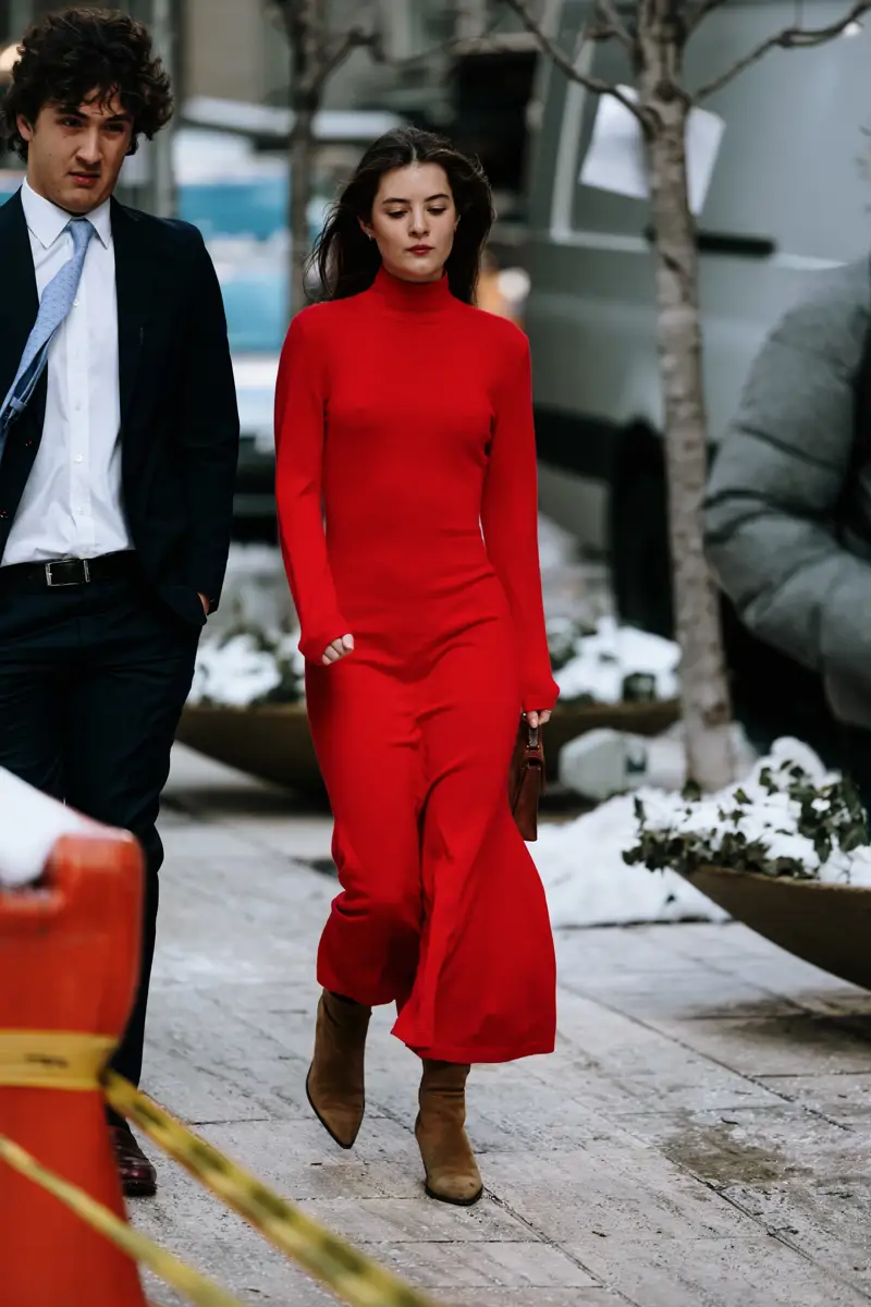 Red Knit Turtleneck Midi Dress with Suede Boots — Winter Dress Outfits