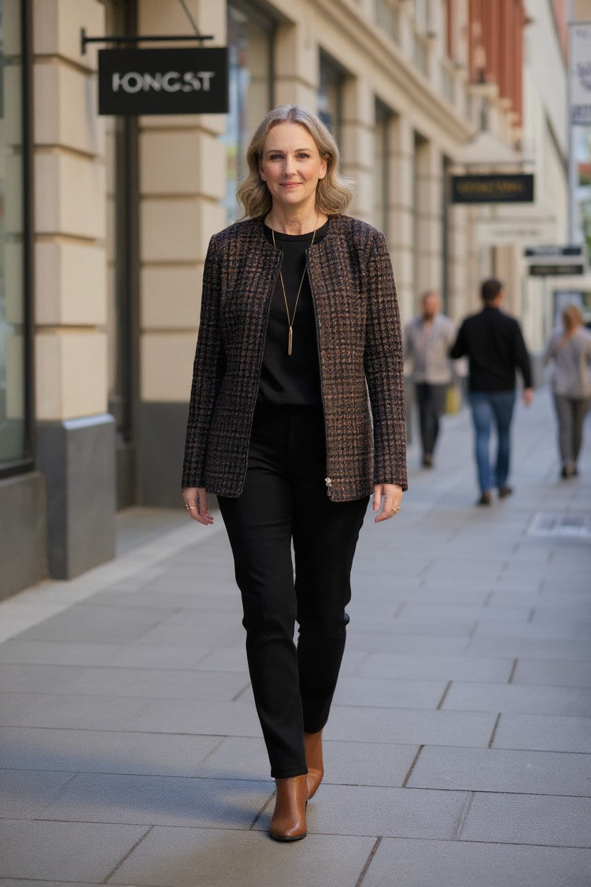 Textured Blazer with Black Top and Straight-Leg Trousers Textured Blazer with Black Top and Straight-Leg Trousers — Winter Outfits for Women Over 60