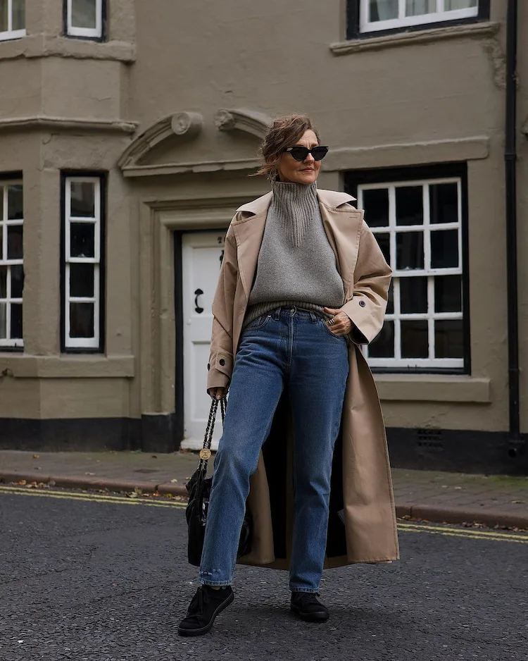 Classic Trench Coat Over Knit Sweater and Straight-Leg Jeans Classic Trench Coat Over Knit Sweater and Straight-Leg Jeans — Winter Outfits with Jeans