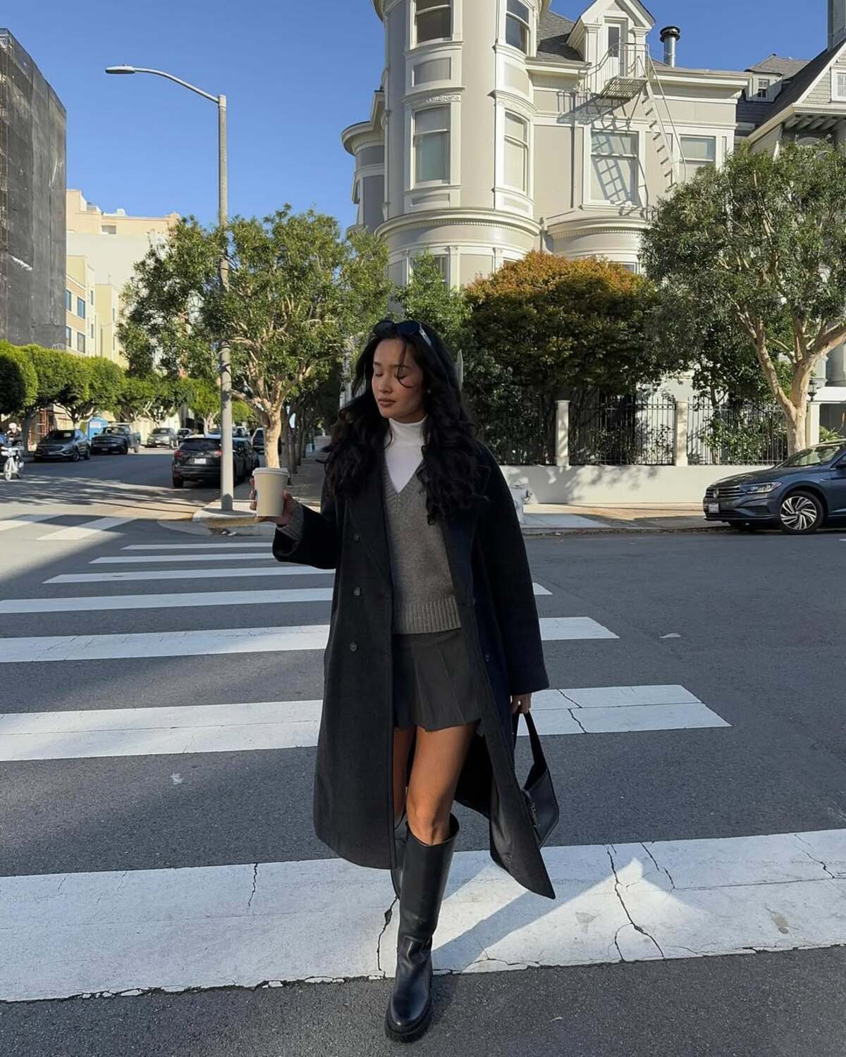 Dark Grey Pleated Mini Skirt with a Sweater Vest — Winter Skirt Outfits