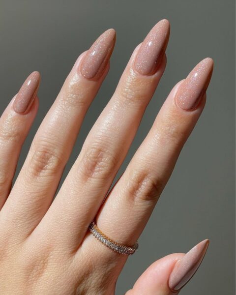 Subtle Shimmer Nude Beige Almonds — Winter Glitter Nails