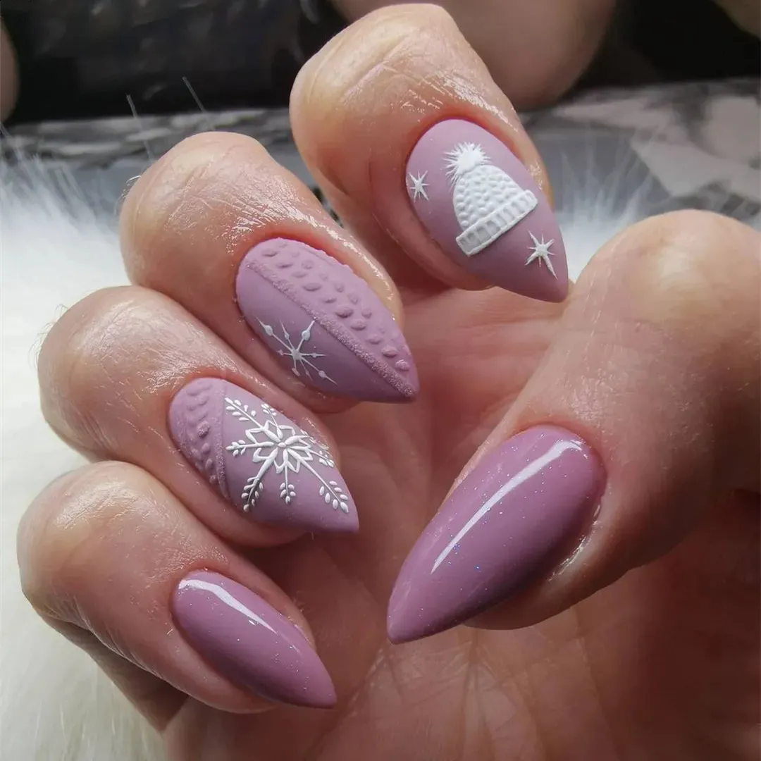 Dusty Lilac 3D Knit Hat & Snowflake — Sweater Nails