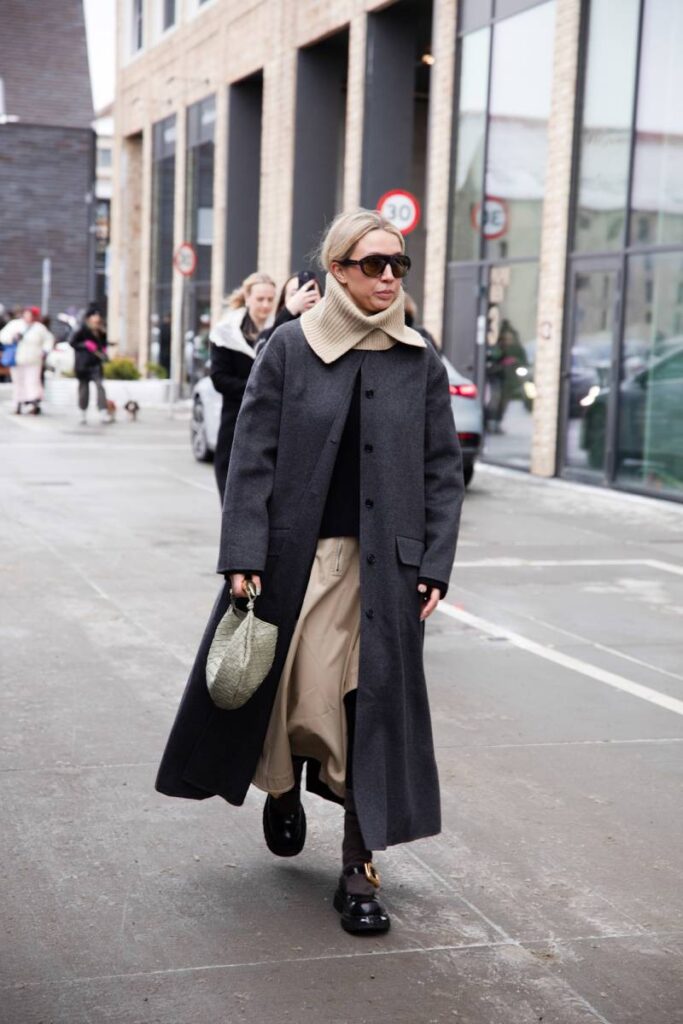Grey Wool Long Coat with Beige Trousers and Green Handbag — Long Coat Outfits