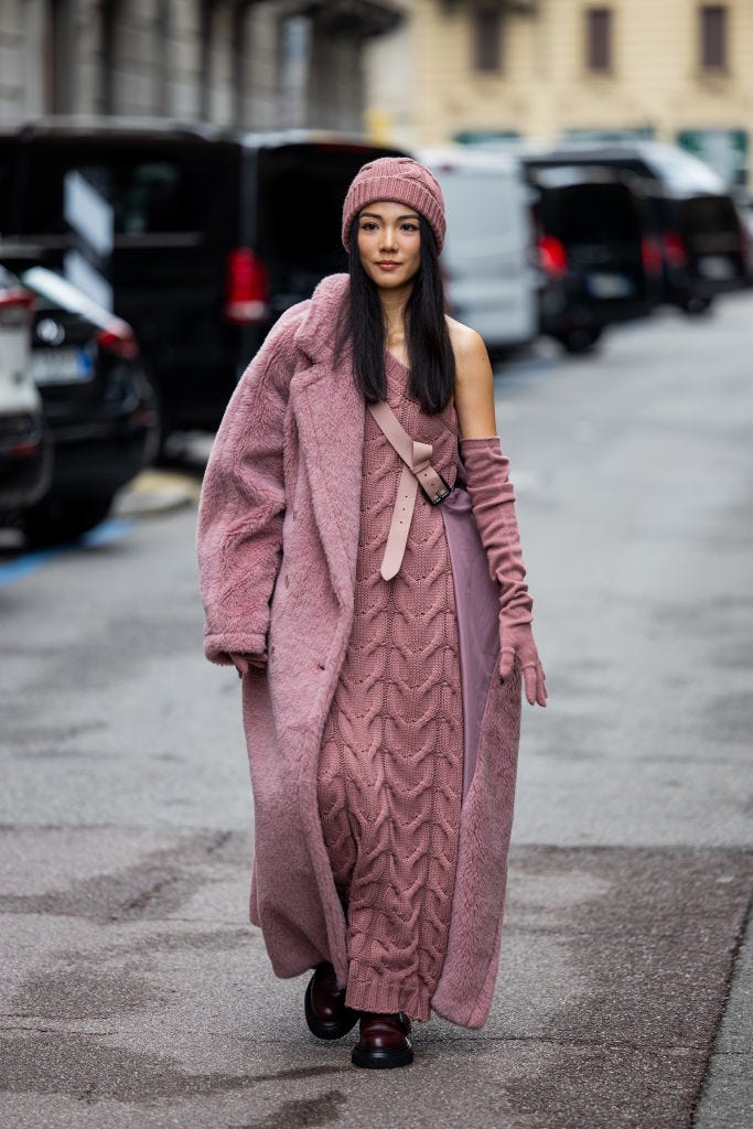 All-Pink Teddy Coat Ensemble with Knitted Dress and Boots — Teddy Coat Outfits