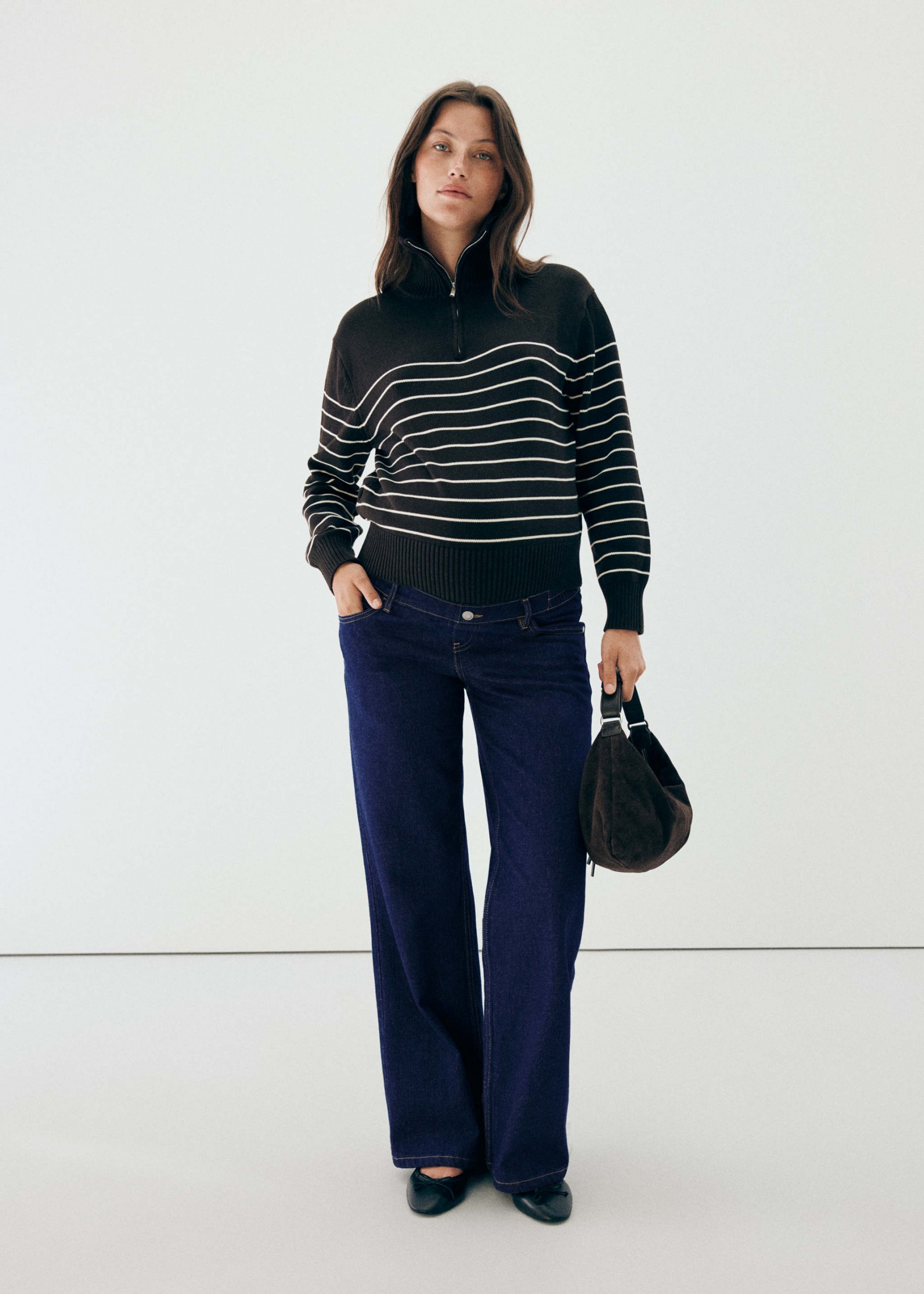 Striped Quarter-Zip Knit Sweater and Wide-Leg Denim Striped Quarter-Zip Knit Sweater and Wide-Leg Denim — Winter Maternity Outfits