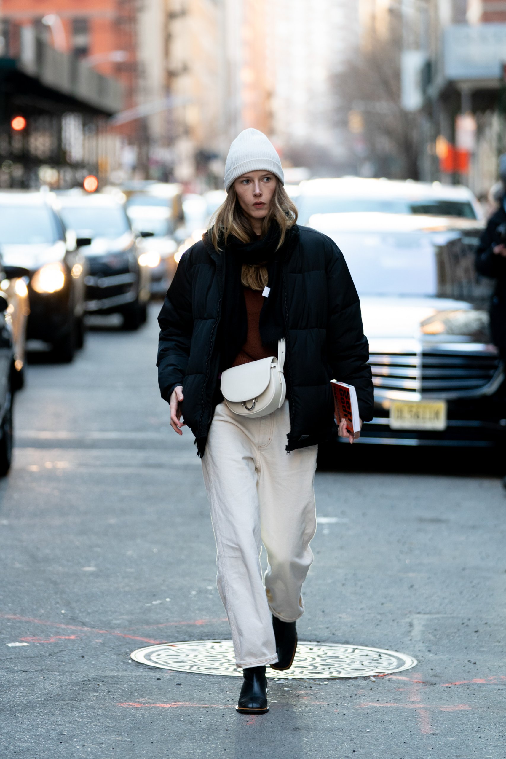 Cream Pants with Black Puffer Jacket and White Beanie Cream Pants with Black Puffer Jacket and White Beanie — Winter White Outfits