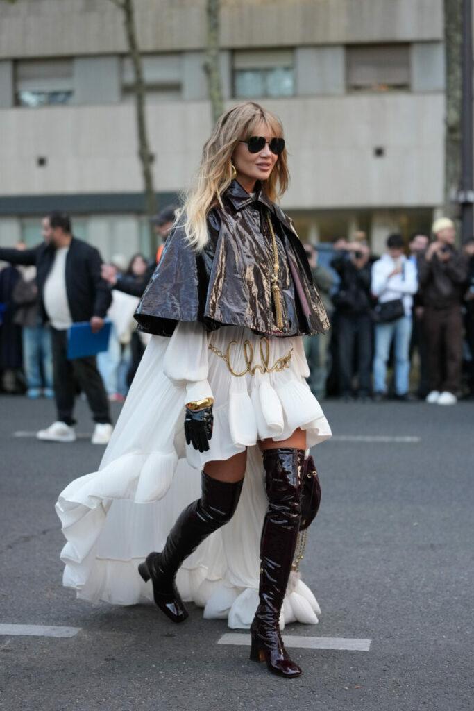 Burgundy Patent Boots with Voluminous White Dress and Shiny Cape Burgundy Patent Boots with Voluminous White Dress and Shiny Cape — Knee High Boots Outfits