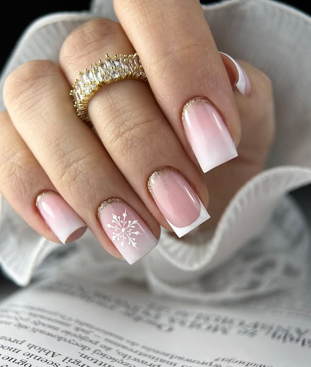 Pink Nude French With Snowflake Gold Glitter — Everyday Winter Nails