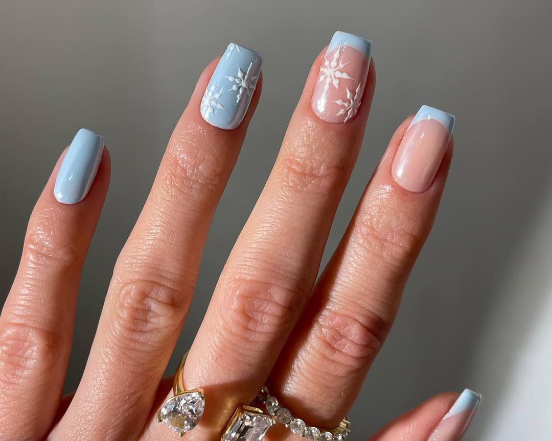 Light Blue Squovals with Embossed Snowflakes Light Blue Squovals with Embossed Snowflakes — Winter Squoval Nails