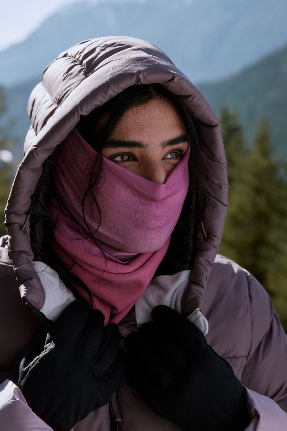 Mauve Puffer Jacket and Neck Gaiter Mauve Puffer Jacket and Neck Gaiter — Winter Hiking Outfits