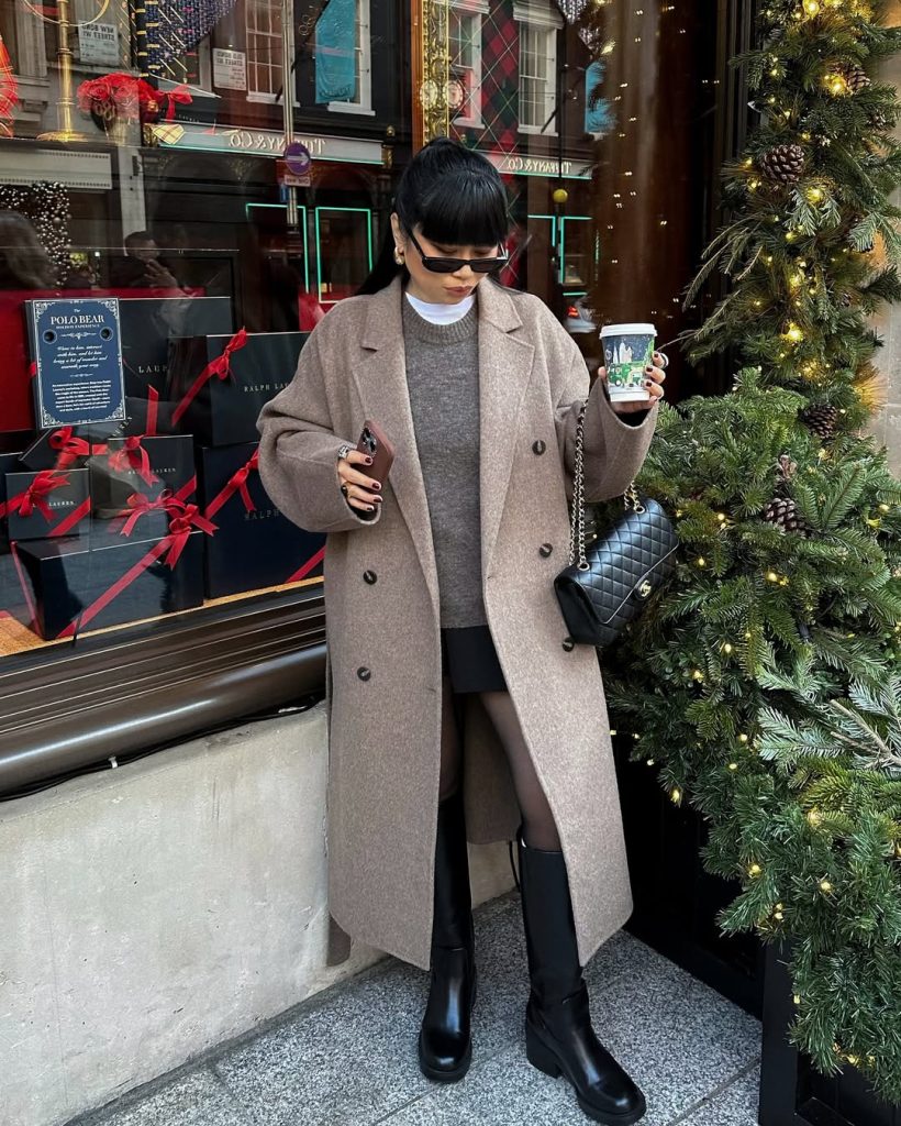 Oversized Beige Coat over Grey Sweater and Mini Skirt Oversized Beige Coat over Grey Sweater and Mini Skirt — Old Money Winter Outfits