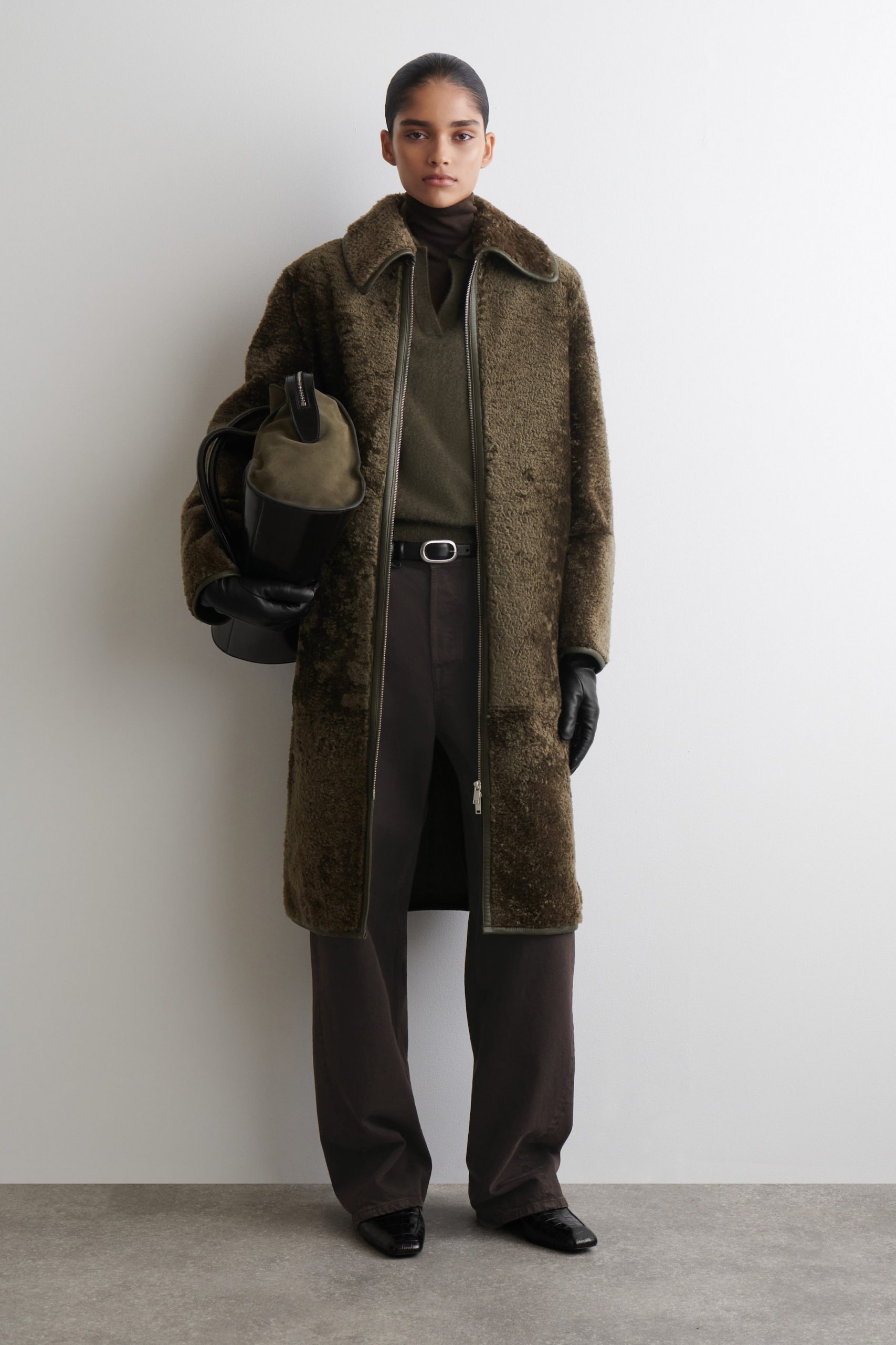 Olive Shearling Coat with Trousers and Loafers Olive Shearling Coat with Trousers and Loafers — Car Coat Outfits