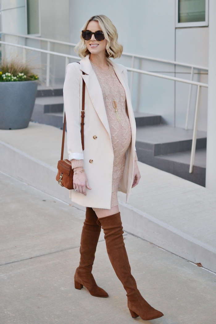 Cream Double-Breasted Coat over Beige Knit Dress Cream Double-Breasted Coat over Beige Knit Dress — Winter Maternity Outfits