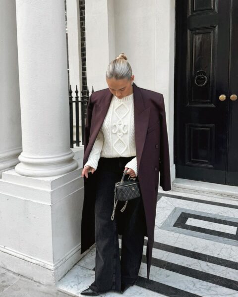 Burgundy Wool Coat Adds Sophistication to White Knit and Dark Jeans Burgundy Wool Coat Adds Sophistication to White Knit and Dark Jeans — Winter Capsule Wardrobe