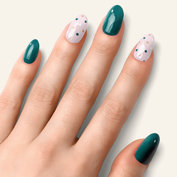 Teal and Pale Pink with Gold Dots Short Oval Teal and Pale Pink with Gold Dots Short Oval — Winter Acrylic Nail Colors