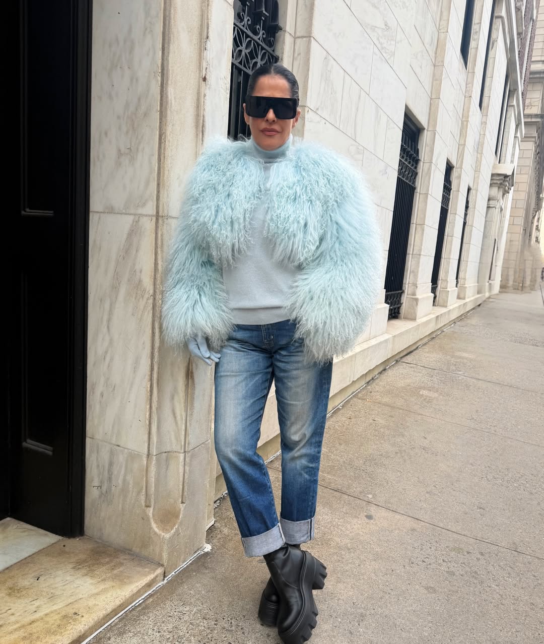 Fuzzy Light Blue Jacket: Playful Texture for Street Style — NYC Winter Outfits