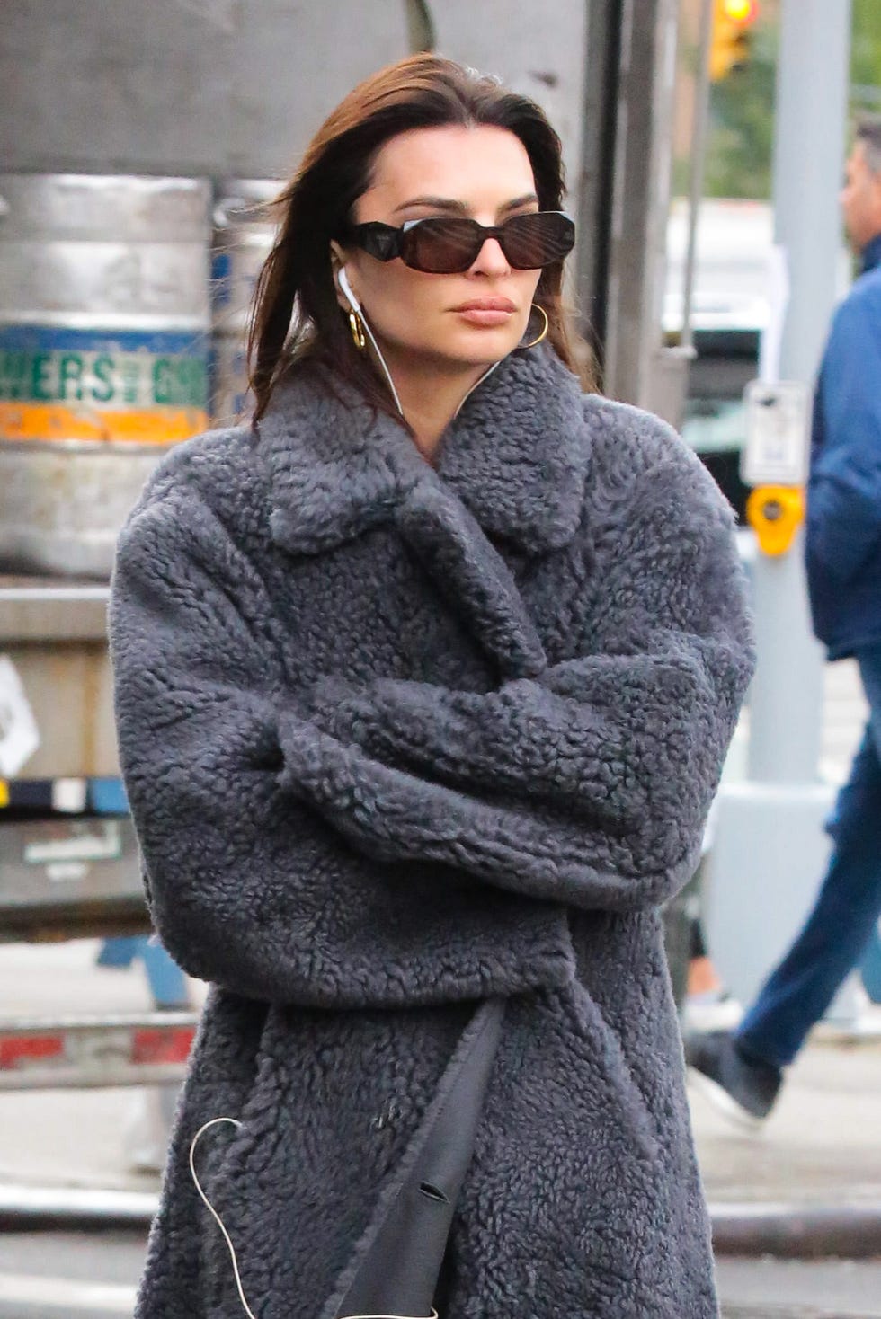 Close-Up on Grey Teddy Coat Texture with Sunglasses — Teddy Coat Outfits