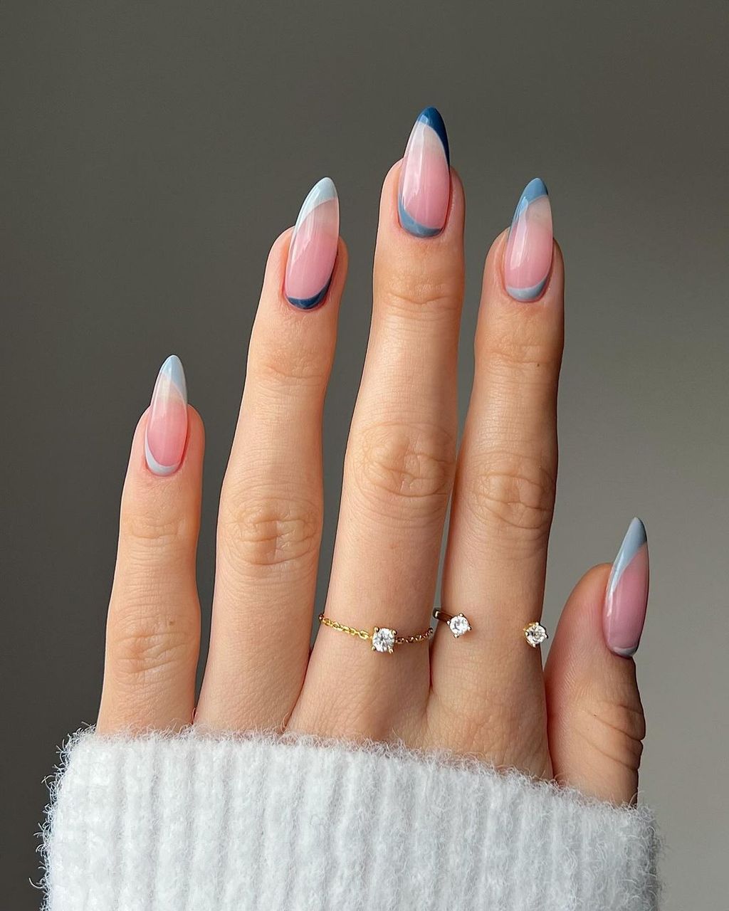 Medium Almond Blue Gradient French Tips — Winter French Tip Nails