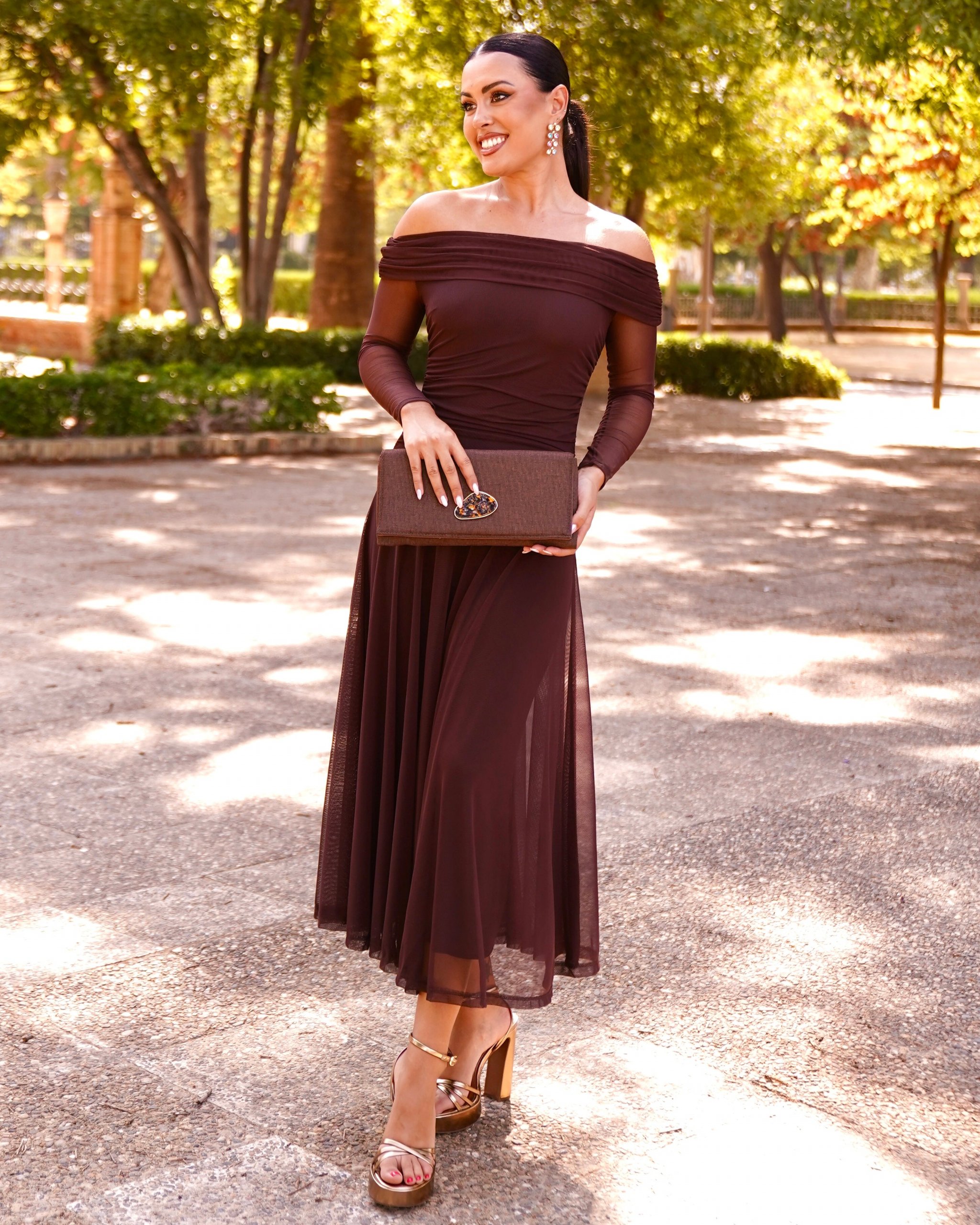 Deep Brown Off-the-Shoulder Midi Dress with Sheer Sleeves Deep Brown Off-the-Shoulder Midi Dress with Sheer Sleeves — Winter Wedding Guest Outfits