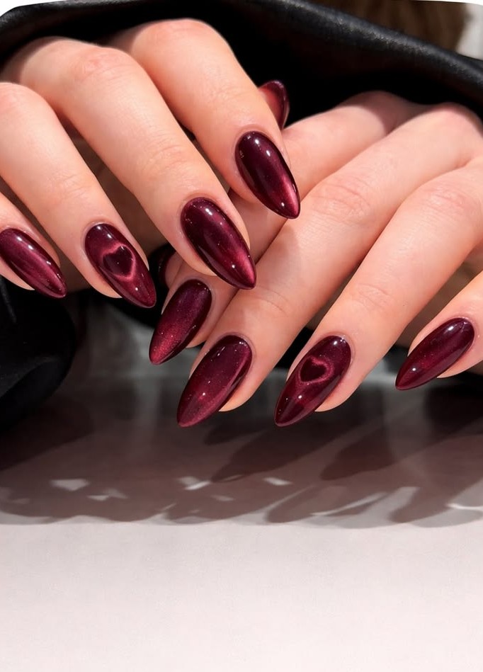 Deep Burgundy Cat Eye with Heart Detail — Winter Cat Eye Nails