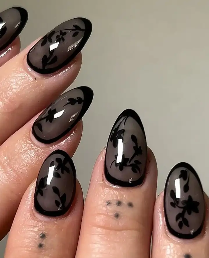 Black Floral Lace Pattern Overlay Visual Idea — Winter Black Nails