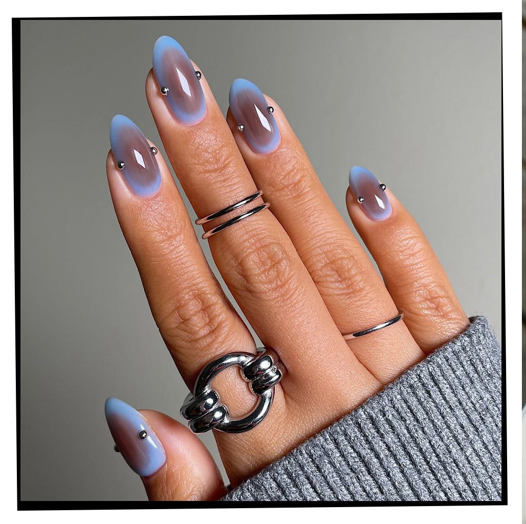 Blue Gradient Chrome with Studs — Winter Chrome Nails