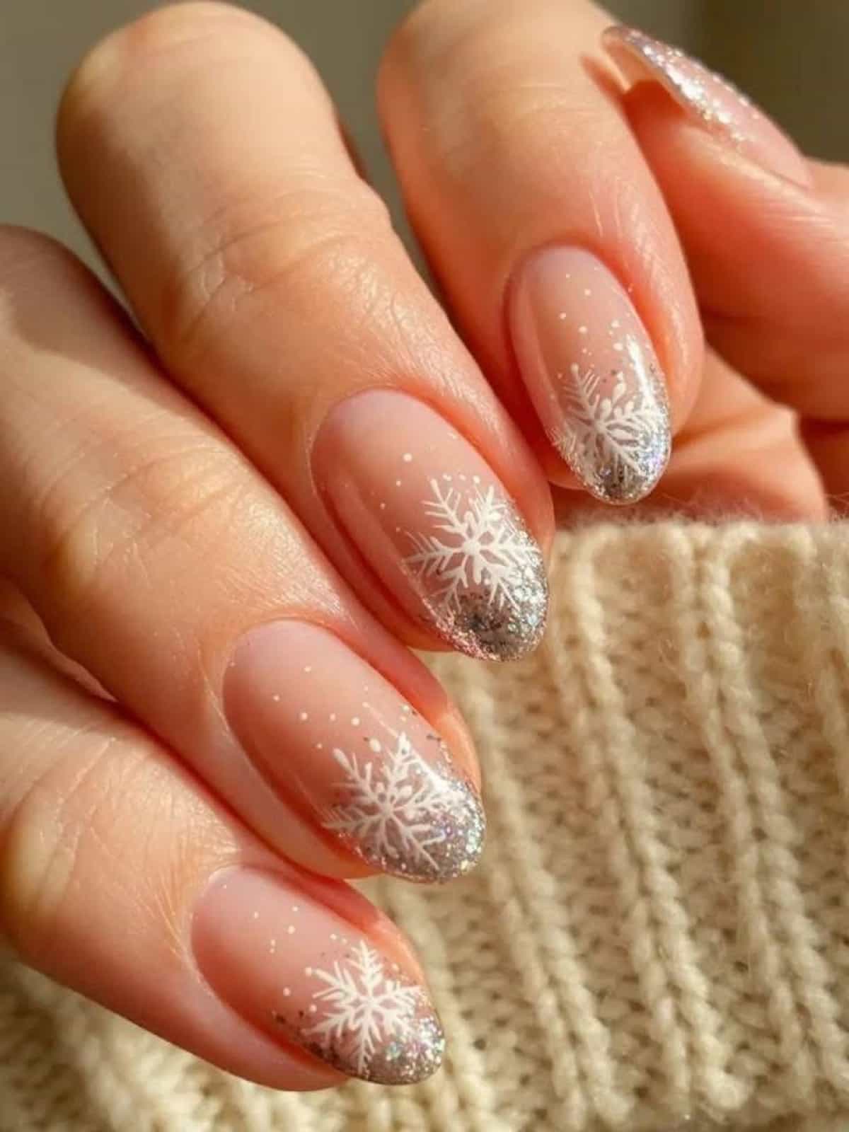 Sheer Pink With Snowflakes Glitter Tips — Cute Winter Nails