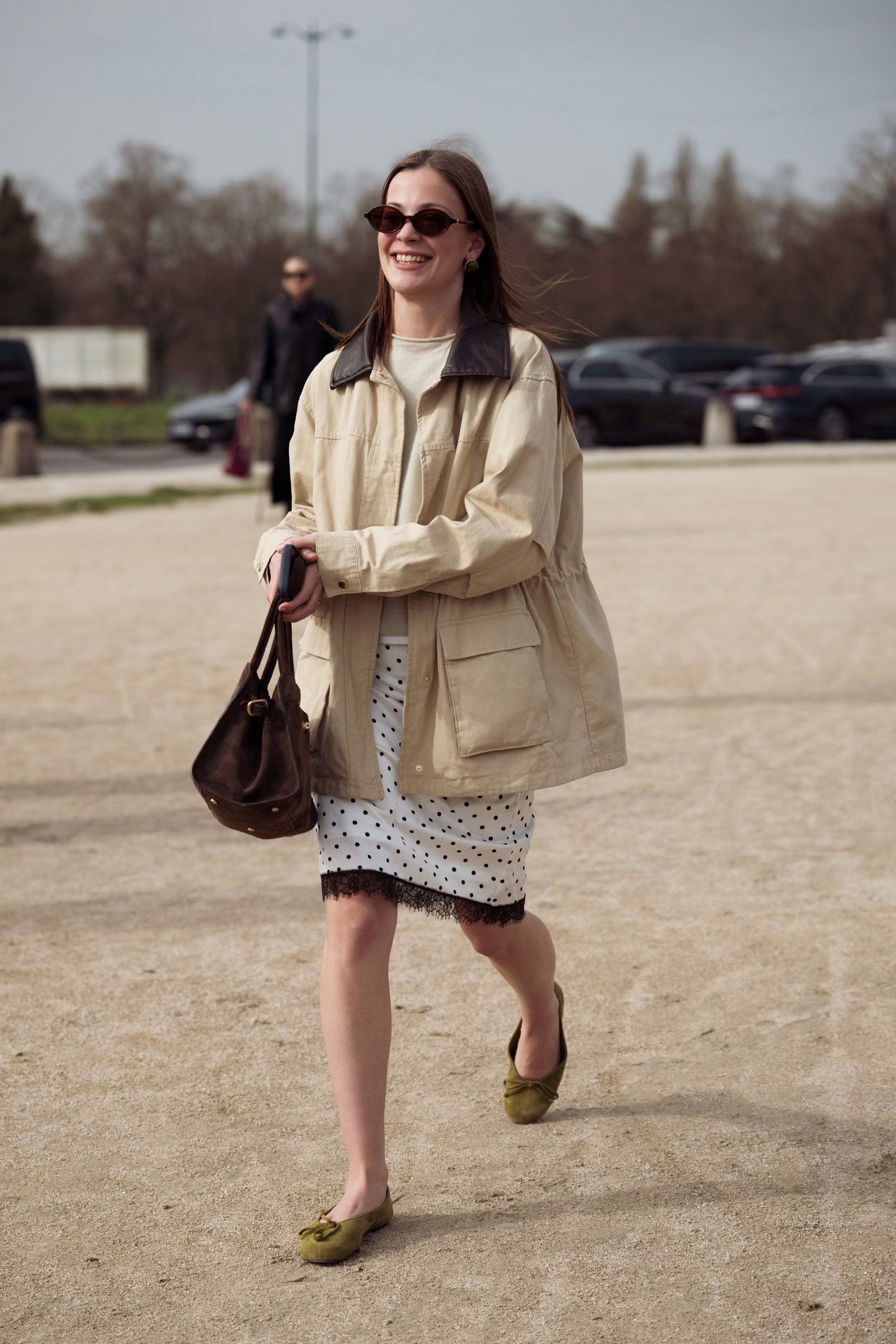 Beige Utility Jacket Over a Polka Dot Midi Dress Beige Utility Jacket Over a Polka Dot Midi Dress — Winter to Spring Transition Outfits