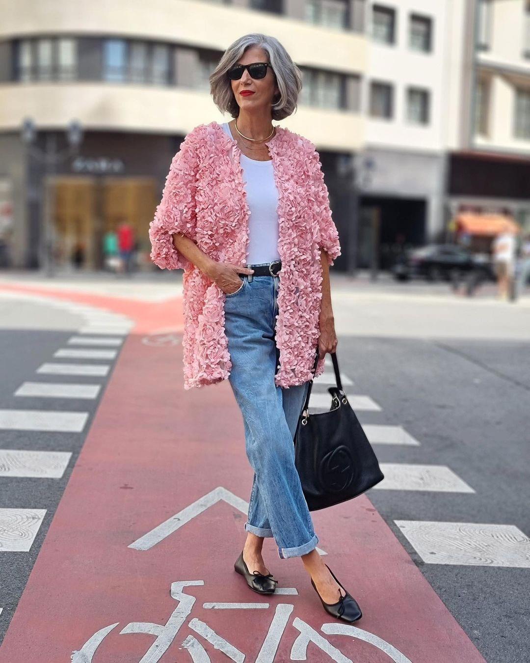 Textured Pink Jacket with Cuffed Jeans and Ballet Flats Textured Pink Jacket with Cuffed Jeans and Ballet Flats — Winter Outfits for Women Over 60