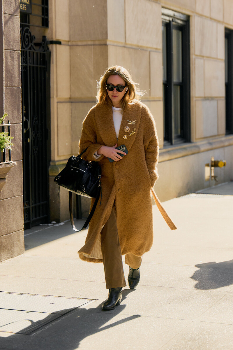 Camel Teddy Coat with Casual Layers and Statement Brooch — Teddy Coat Outfits