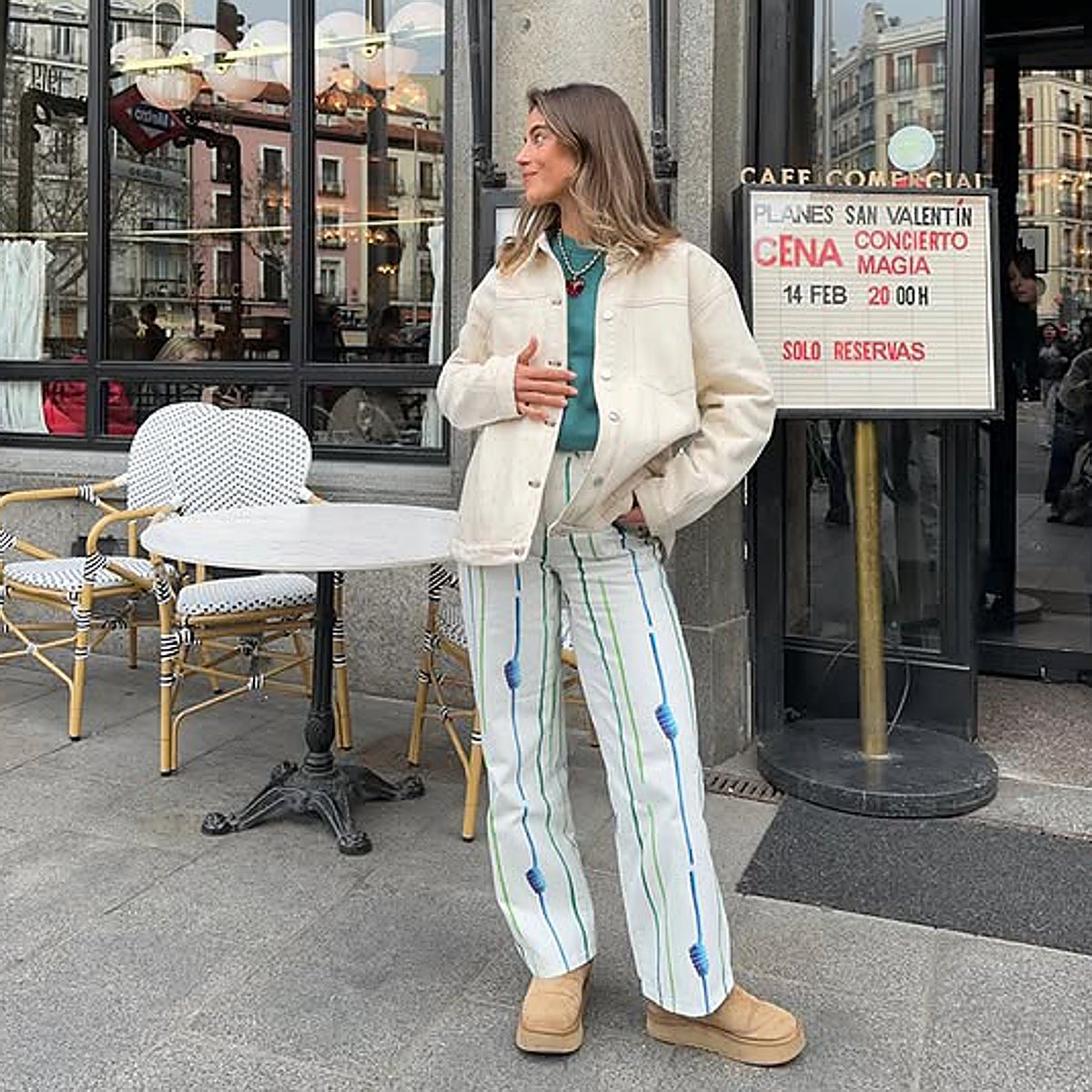 Lightweight Cotton Jacket Over Teal T-shirt and Striped Trousers Lightweight Cotton Jacket Over Teal T-shirt and Striped Trousers — Winter to Spring Transition Outfits