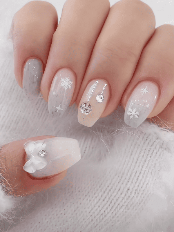 Glossy And Glitter Visual Idea — Medium Length Winter Nails