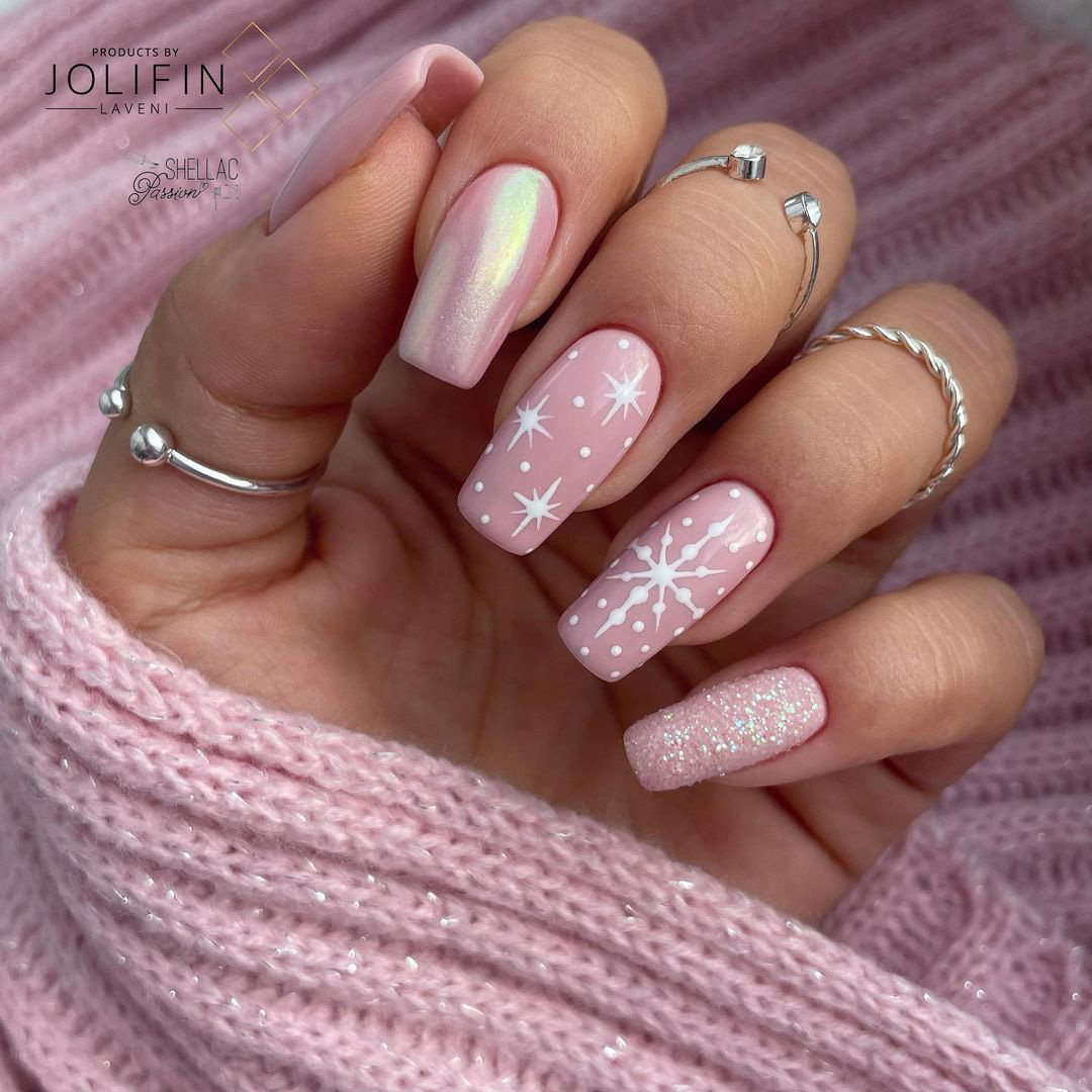Chic Coffin Pink with Winter Sparkle — Winter Pink Nails