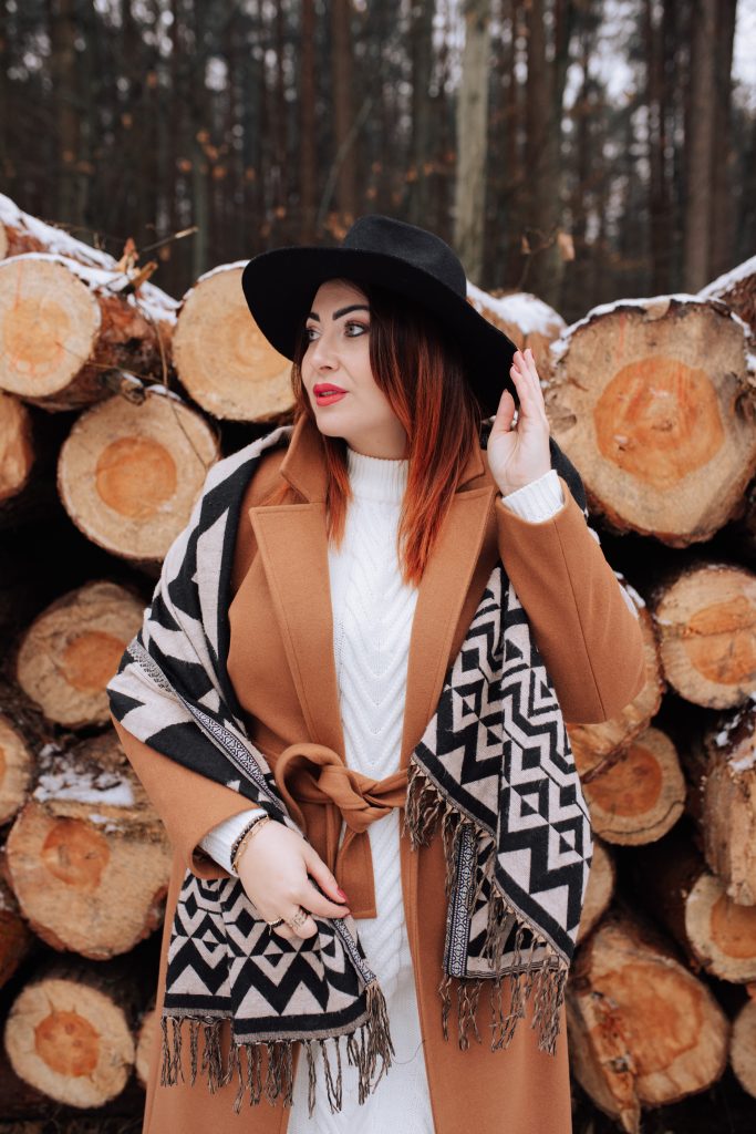 Camel Wool Blend Coat with Geometric Scarf and Fedora — Winter Outfits for Plus Size Women