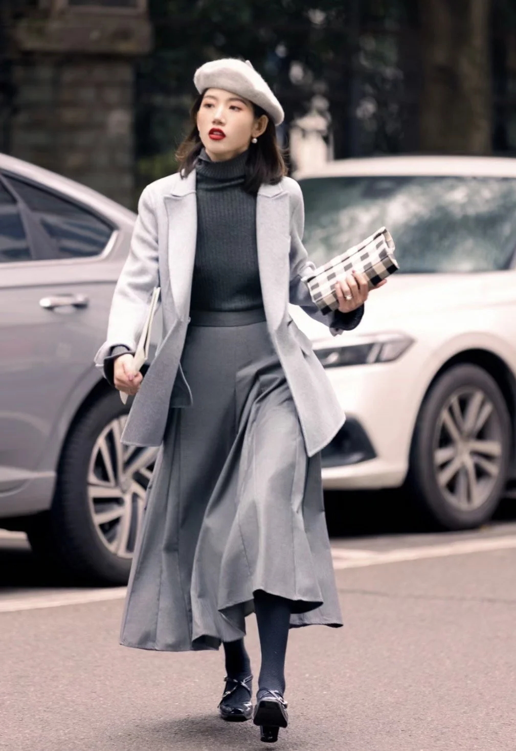 Monochromatic Grey Wool Coat and Pleated Skirt — Late Winter Outfits
