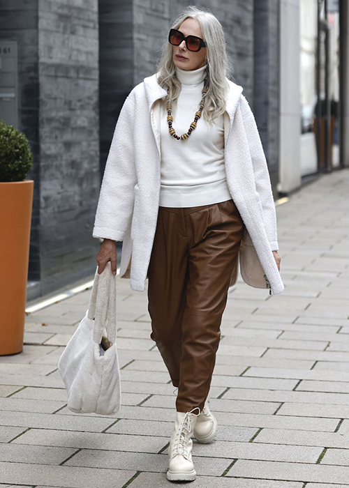 White Teddy Coat with Faux Leather Trousers White Teddy Coat with Faux Leather Trousers — Winter Outfits for Women Over 60