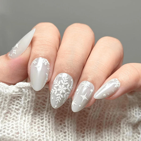 Cool Grey with Embossed Snowflakes Cool Grey with Embossed Snowflakes — Pastel Winter Nails