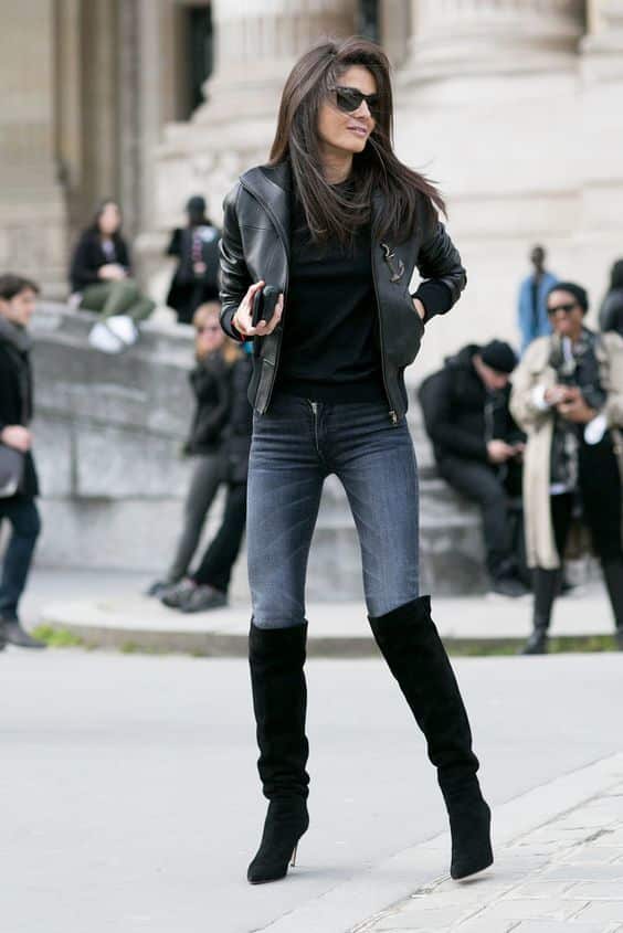 Edgy Casual: Bomber Jacket, Jeans, and Black Suede Boots Edgy Casual: Bomber Jacket, Jeans, and Black Suede Boots — Over the Knee Boots Outfits