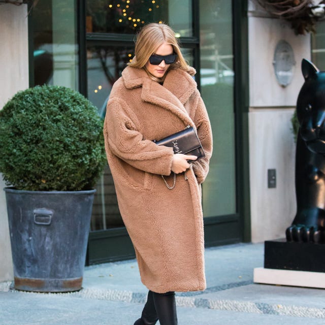 Longline Camel Teddy Coat with Black Top and Clutch — Teddy Coat Outfits