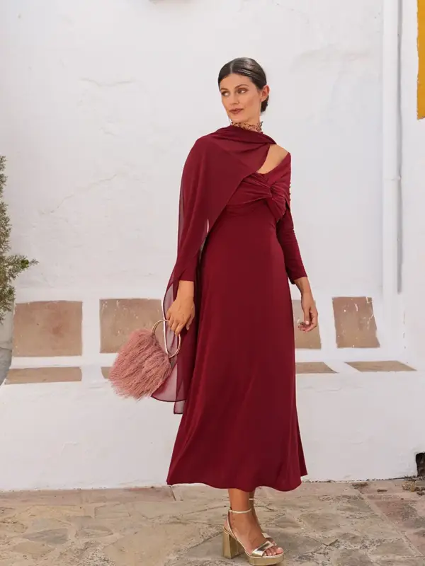 Deep Red Dress with Attached Sheer Cape Deep Red Dress with Attached Sheer Cape — Winter Wedding Guest Outfits