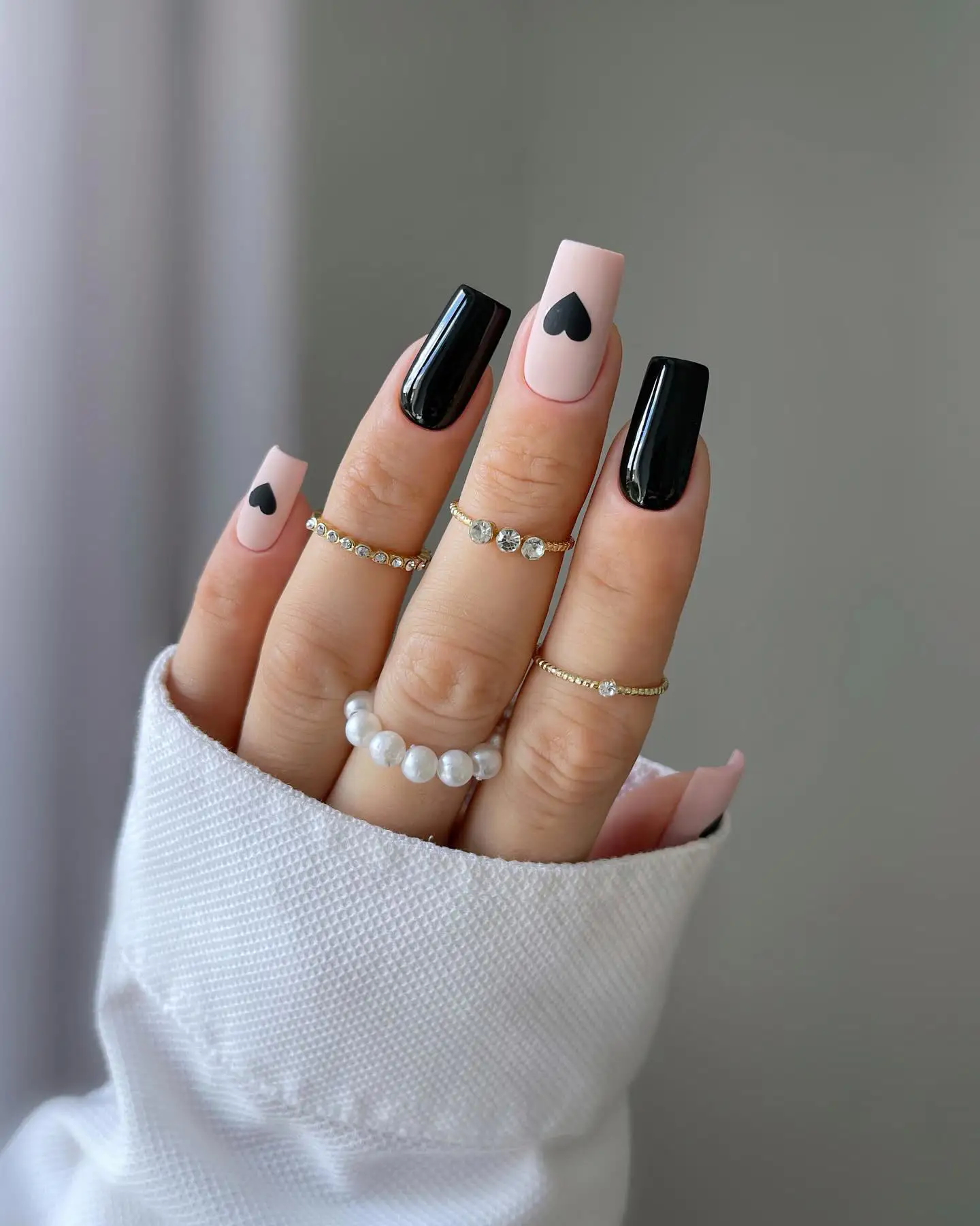 Black Hearts On Nude Nails Black Nails Visual Idea — Winter Black Nails