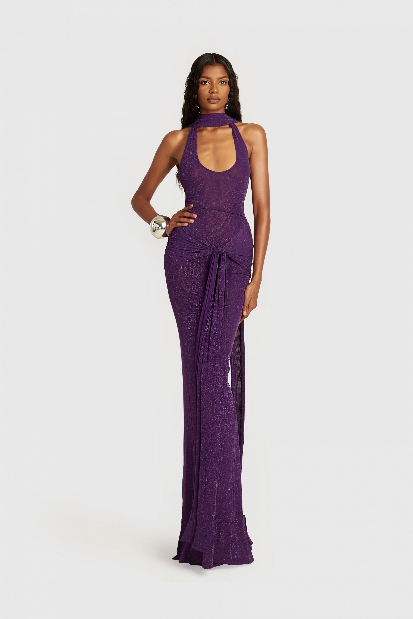 Shimmering Royal Purple Halter Maxi Dress with Draped Tie Shimmering Royal Purple Halter Maxi Dress with Draped Tie — Royal Purple Outfits