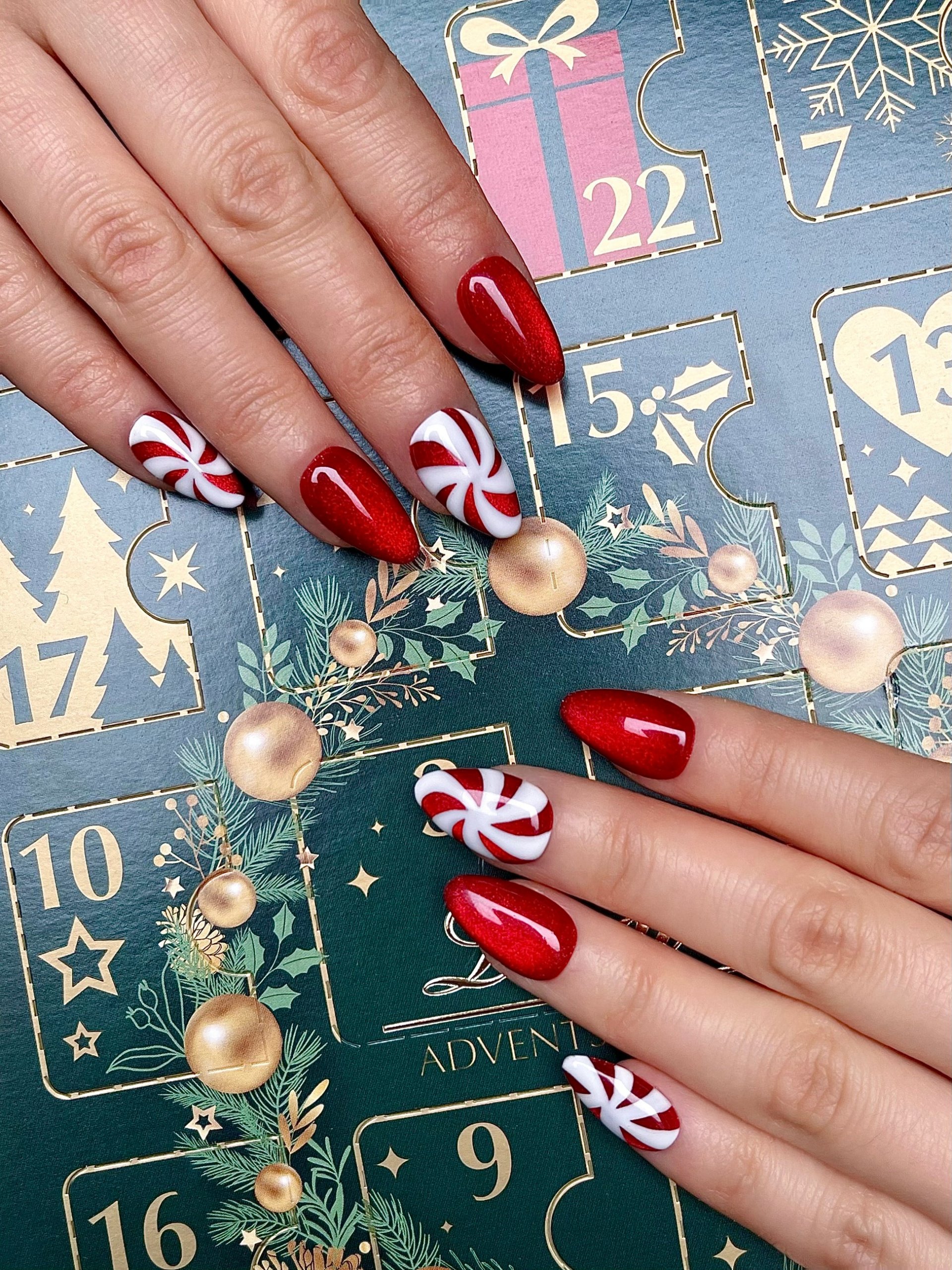 Red Glitter with Candy Cane Almond Nails — Winter Almond Nails