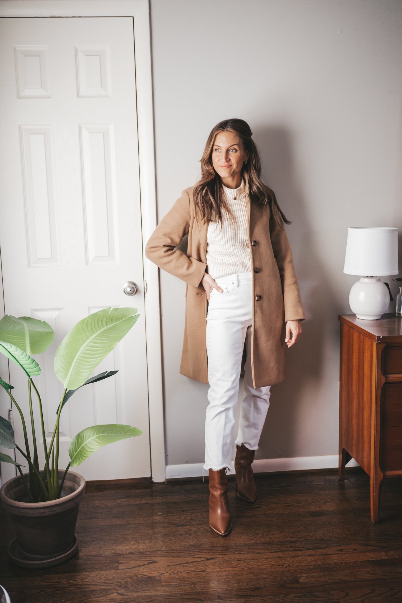 Camel Coat with Cream Cable Knit and White Jeans — Camel Coat Outfits