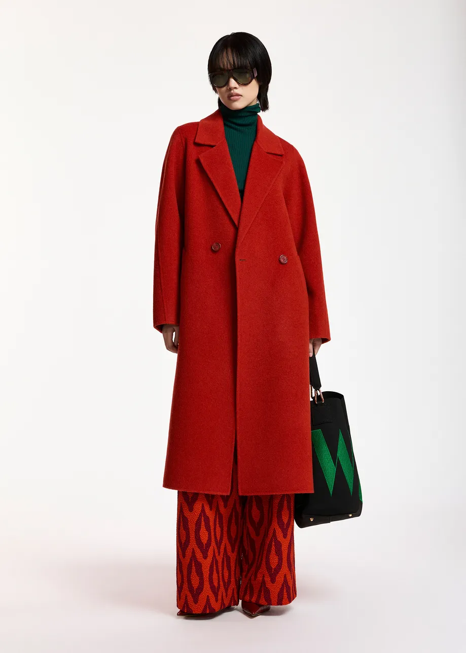 Vibrant Red Wool Coat with Patterned Trousers Vibrant Red Wool Coat with Patterned Trousers — Wool Coat Outfits