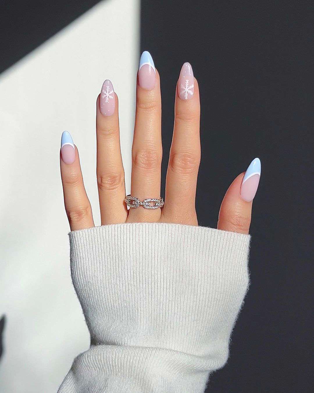 Long Almond Icy Blue with Snowflake Decals — Winter French Tip Nails