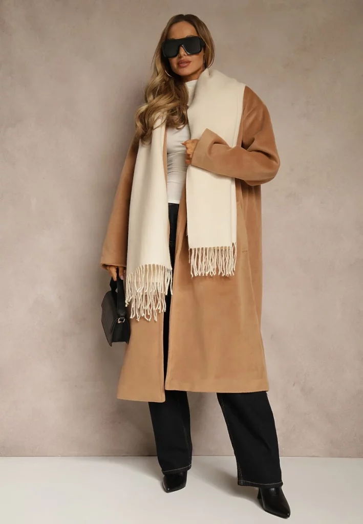 Long Camel Coat Over a White Top and Black Trousers Long Camel Coat Over a White Top and Black Trousers — Winter Date Night Outfits