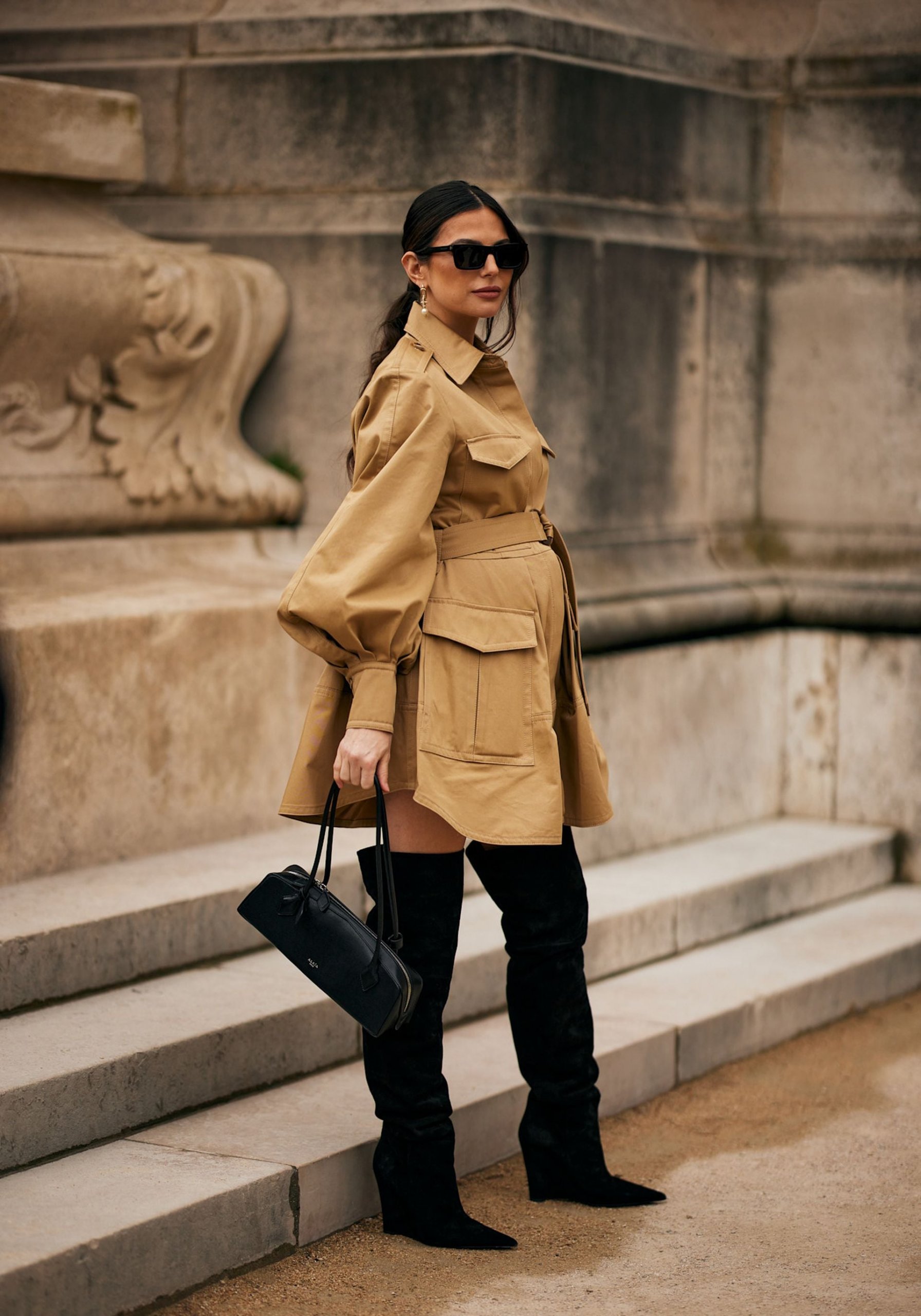 Utility Jacket Paired with Black Suede Wedge Boots Utility Jacket Paired with Black Suede Wedge Boots — Knee High Boots Outfits