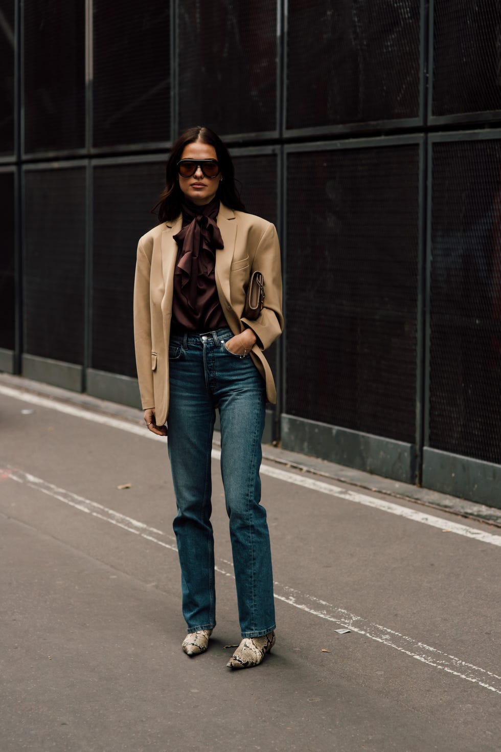 Beige Oversized Blazer with Brown Satin Blouse and Denim Jeans Beige Oversized Blazer with Brown Satin Blouse and Denim Jeans — Winter to Spring Transition Outfits